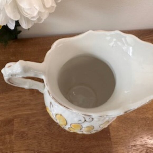 Wheeling Pottery Antique Pitcher White Embossed Floral Ruffled‎ Rim Vase Yellow - Picture 4 of 7